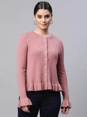 Women Round Neck Ruffled Hem Sleeves Full Sleeves Dark Pink Textured Regular Fit Knitted Cardigan