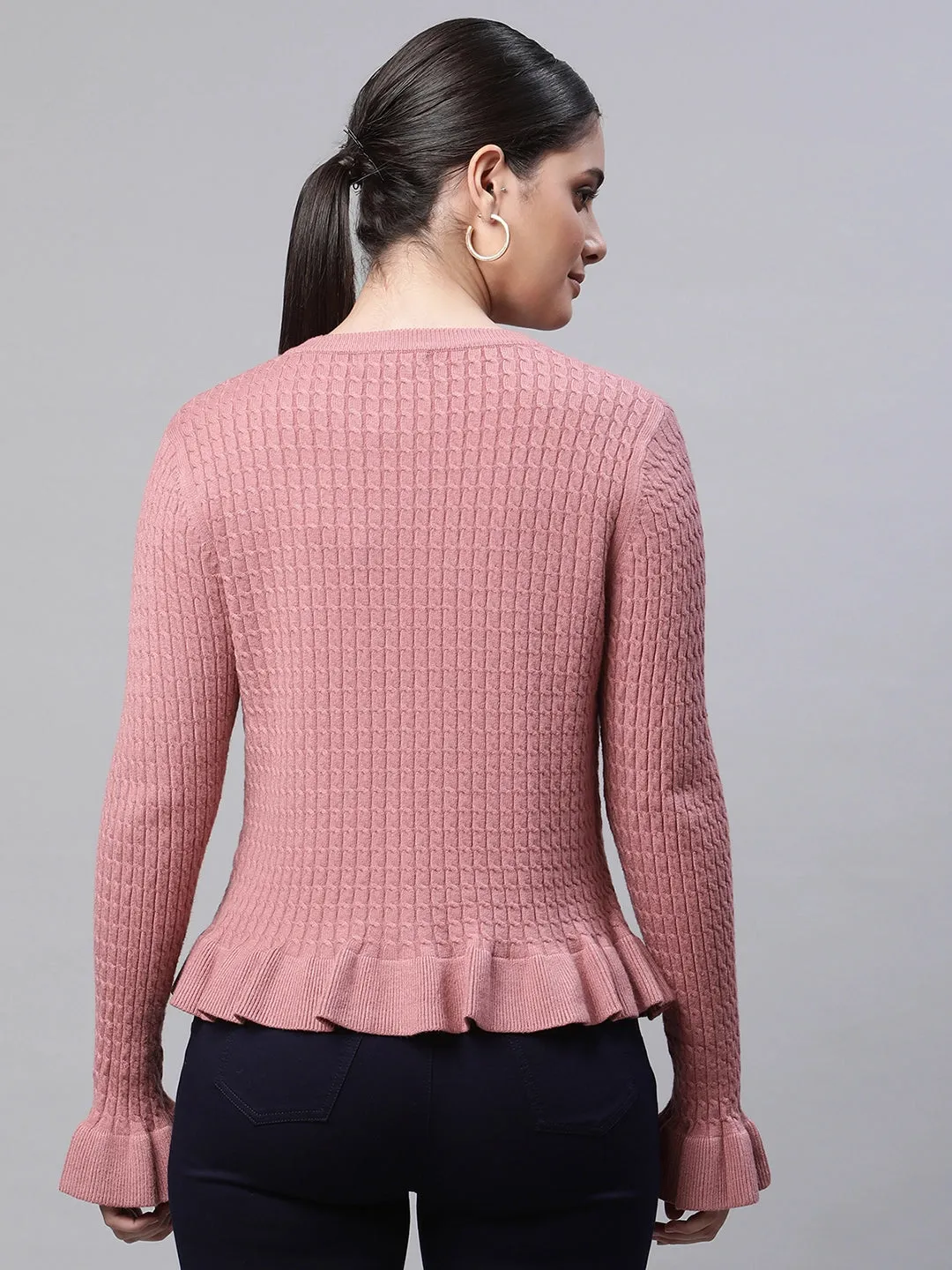 Women Round Neck Ruffled Hem Sleeves Full Sleeves Dark Pink Textured Regular Fit Knitted Cardigan
