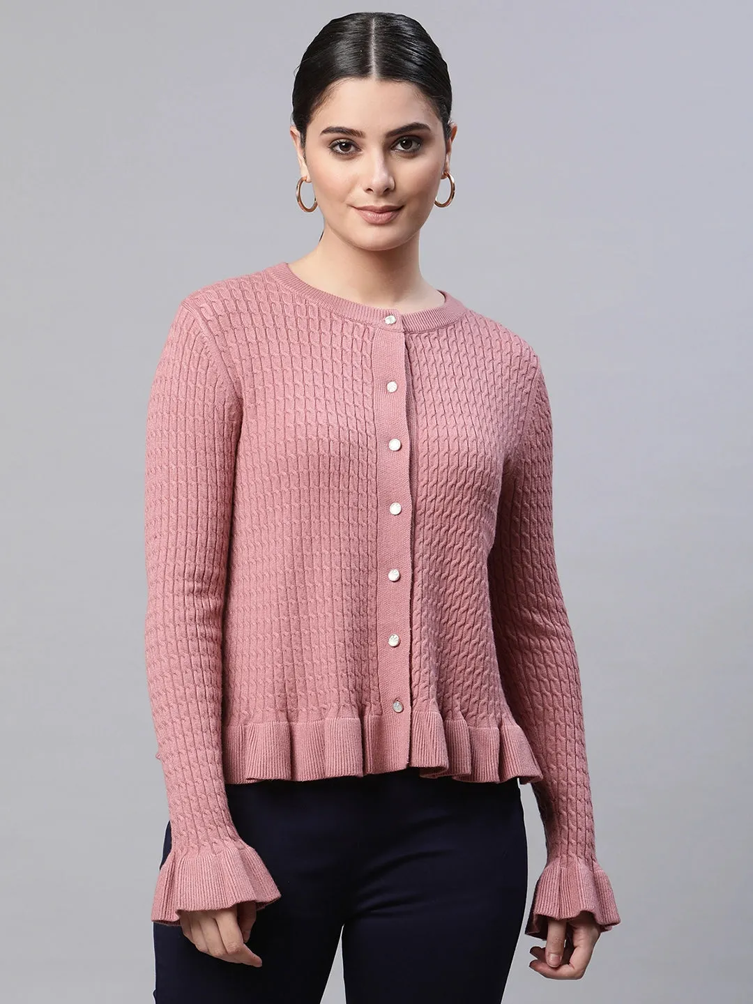 Women Round Neck Ruffled Hem Sleeves Full Sleeves Dark Pink Textured Regular Fit Knitted Cardigan