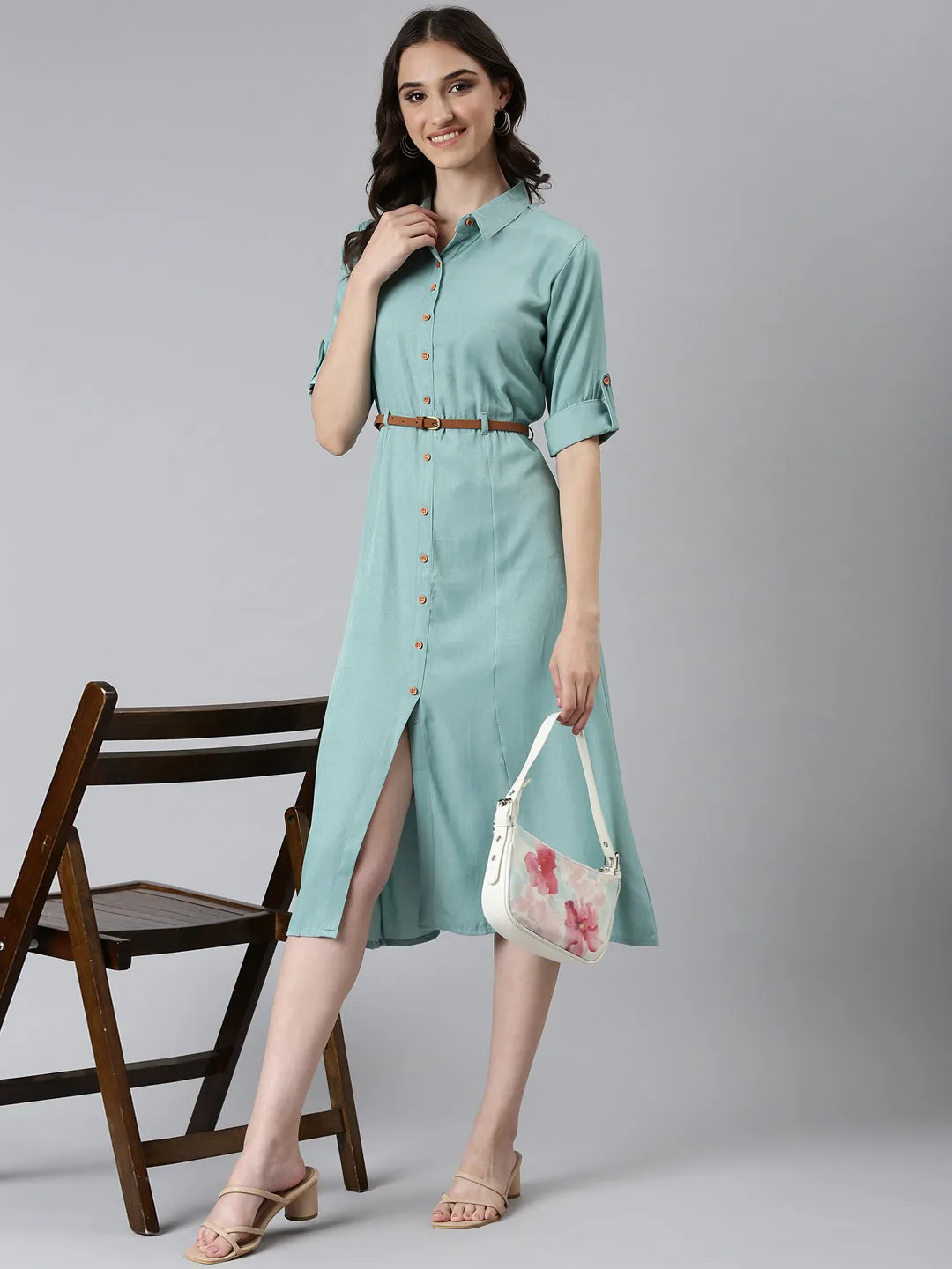 Women Sea Green Solid Shirt Dress