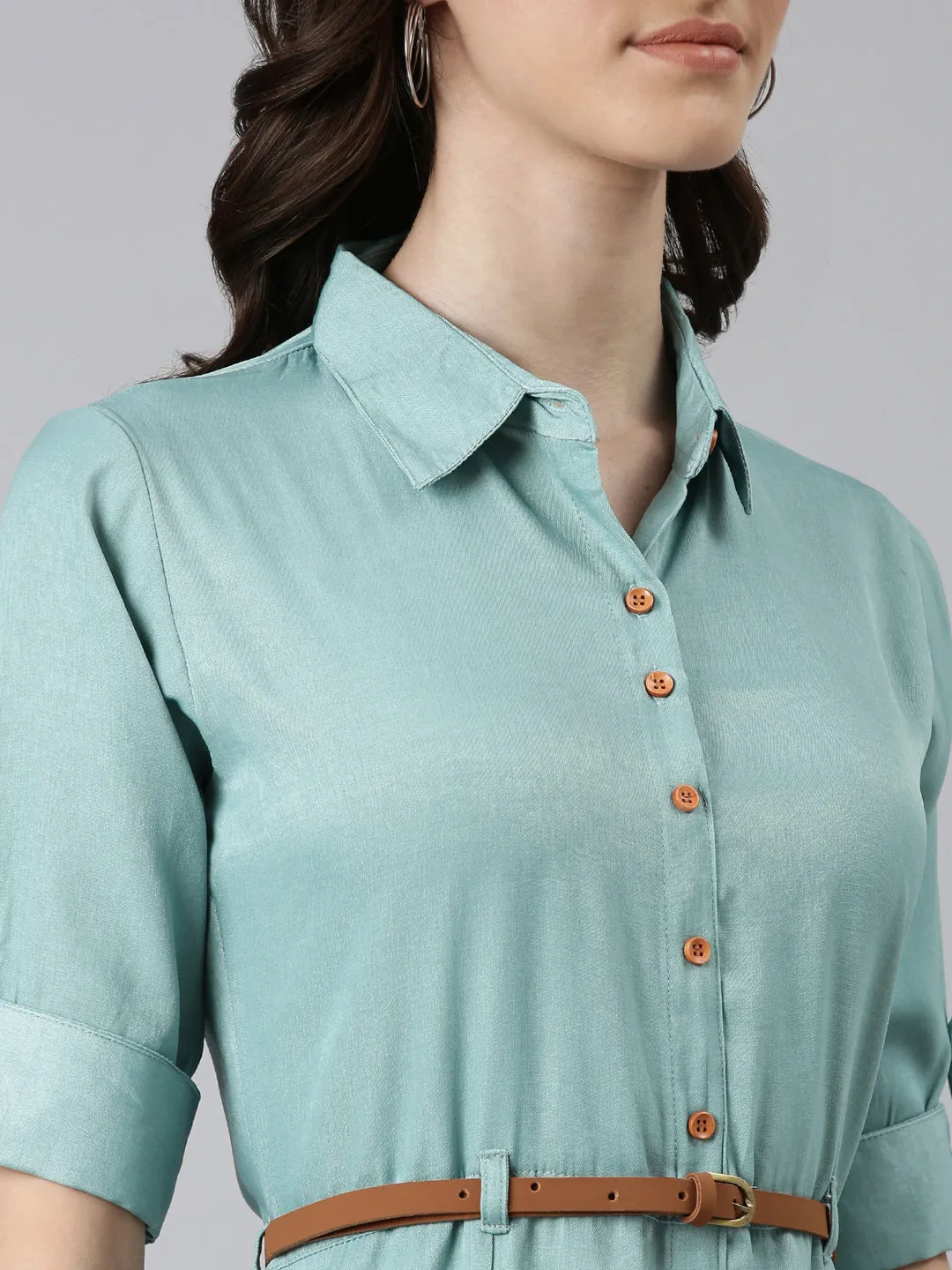 Women Sea Green Solid Shirt Dress