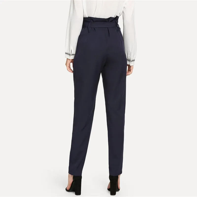 Women's Autumn High Waist Belted Long Pants