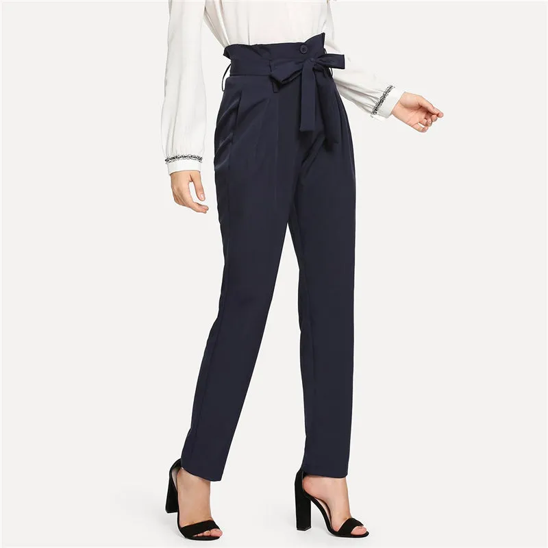 Women's Autumn High Waist Belted Long Pants