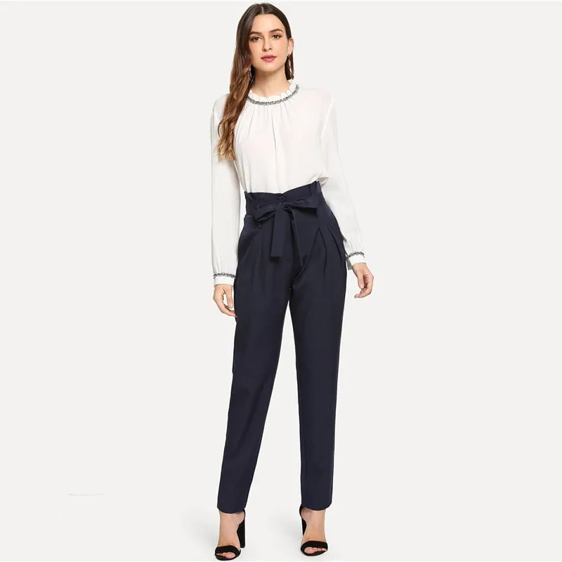 Women's Autumn High Waist Belted Long Pants