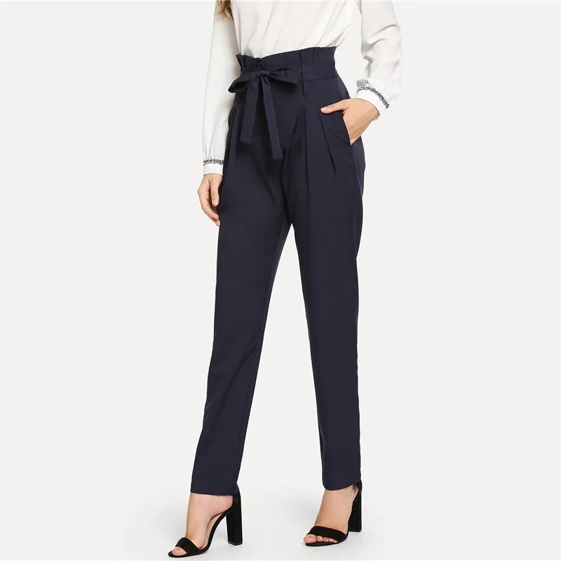 Women's Autumn High Waist Belted Long Pants