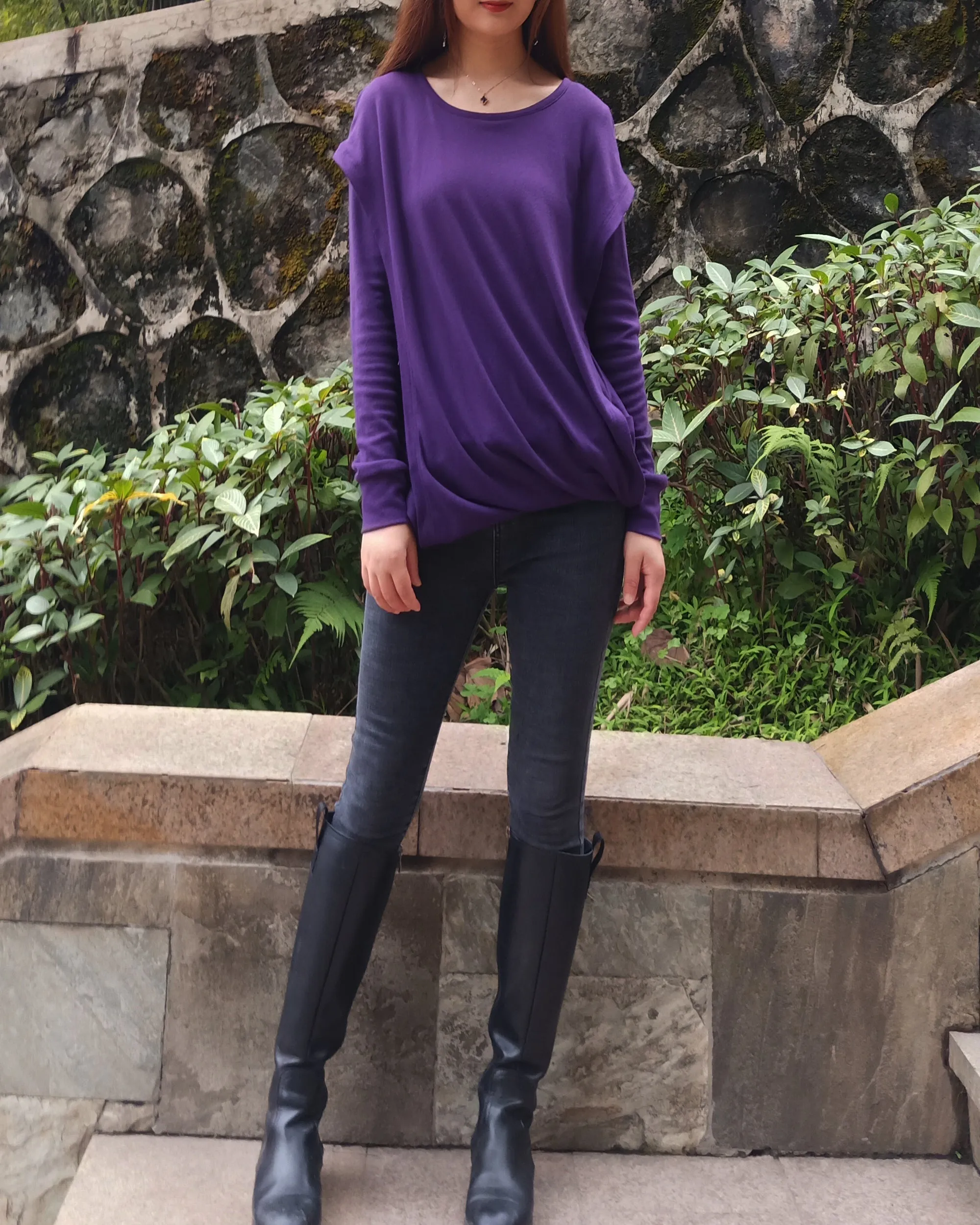 Womens Cotton Hoodie/long sleeve T-shirt/Oversized Plus size Sweatshirt/Customized T-shirt/Asymmetry clothing/Boho t-shirt/Long Sleeve Shirt(Y3118)