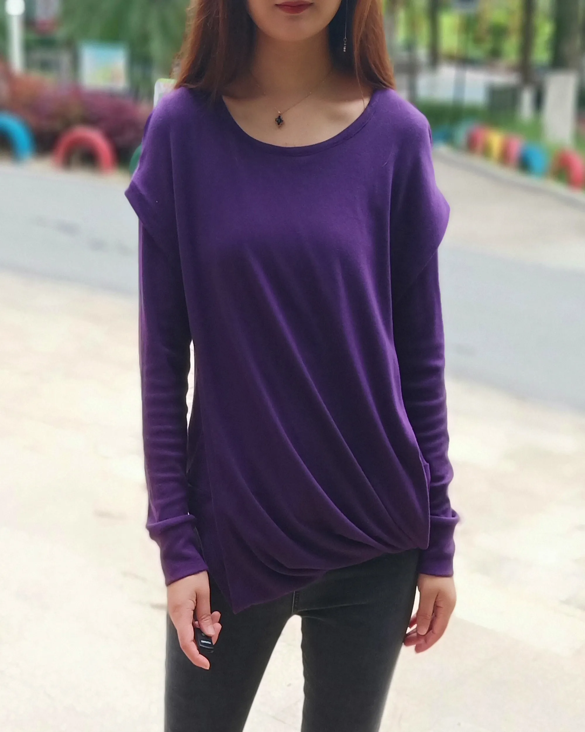 Womens Cotton Hoodie/long sleeve T-shirt/Oversized Plus size Sweatshirt/Customized T-shirt/Asymmetry clothing/Boho t-shirt/Long Sleeve Shirt(Y3118)