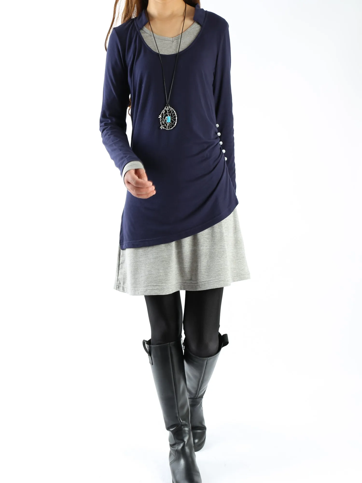 Women's Dress Set/V-neck cotton dress/Boho Cotton Layered Tunic Dress Set/long sleeve top(Q1702)