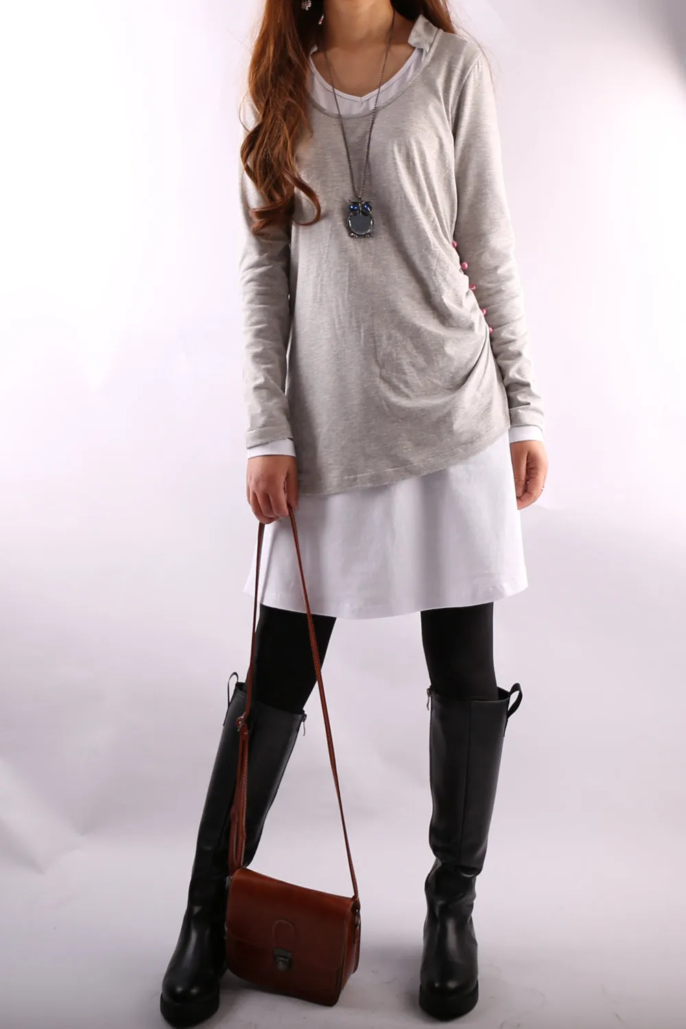 Women's Dress Set/V-neck cotton dress/Boho Cotton Layered Tunic Dress Set/long sleeve top(Q1702)