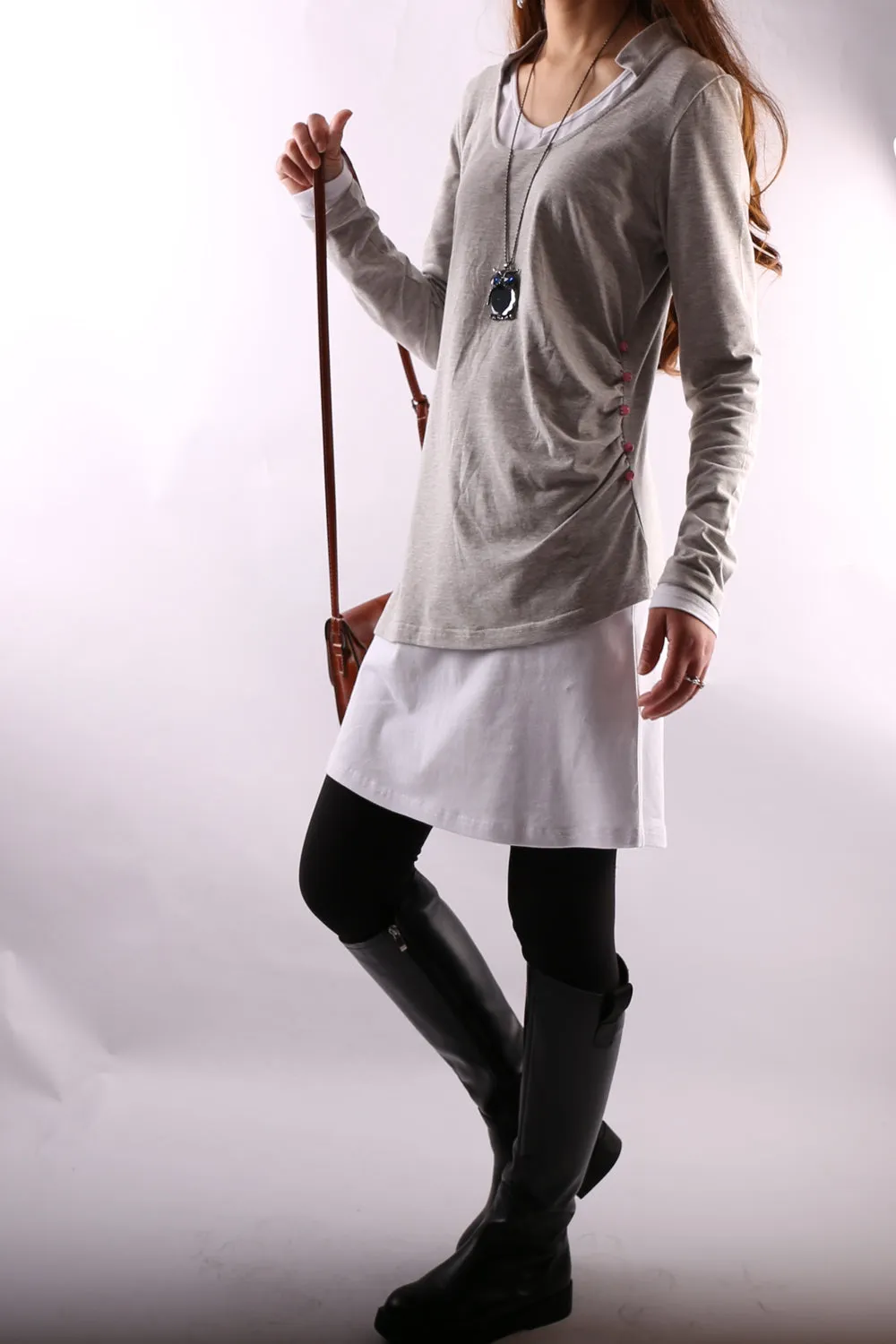 Women's Dress Set/V-neck cotton dress/Boho Cotton Layered Tunic Dress Set/long sleeve top(Q1702)