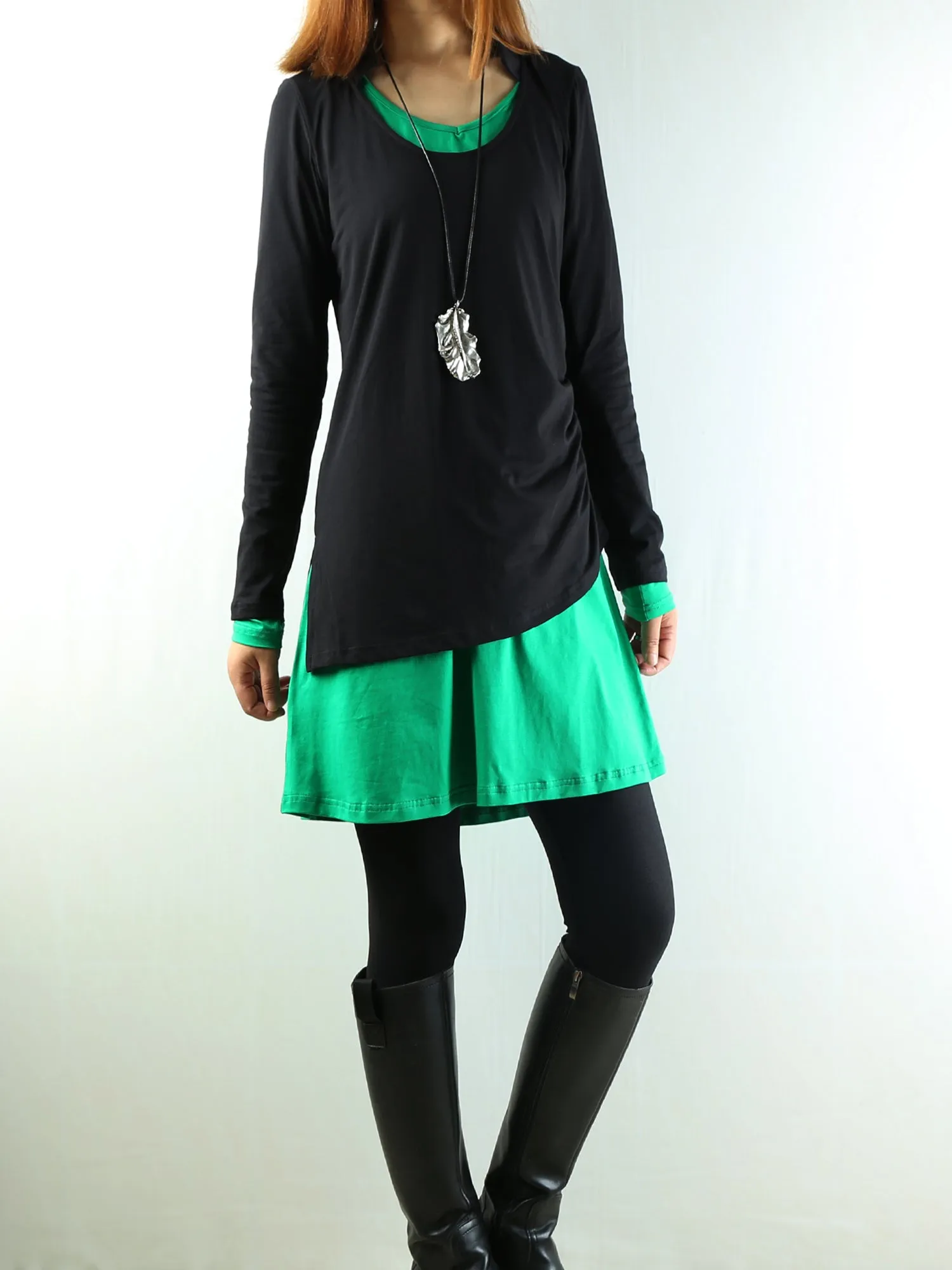 Women's Dress Set/V-neck cotton dress/Boho Cotton Layered Tunic Dress Set/long sleeve top(Q1702)