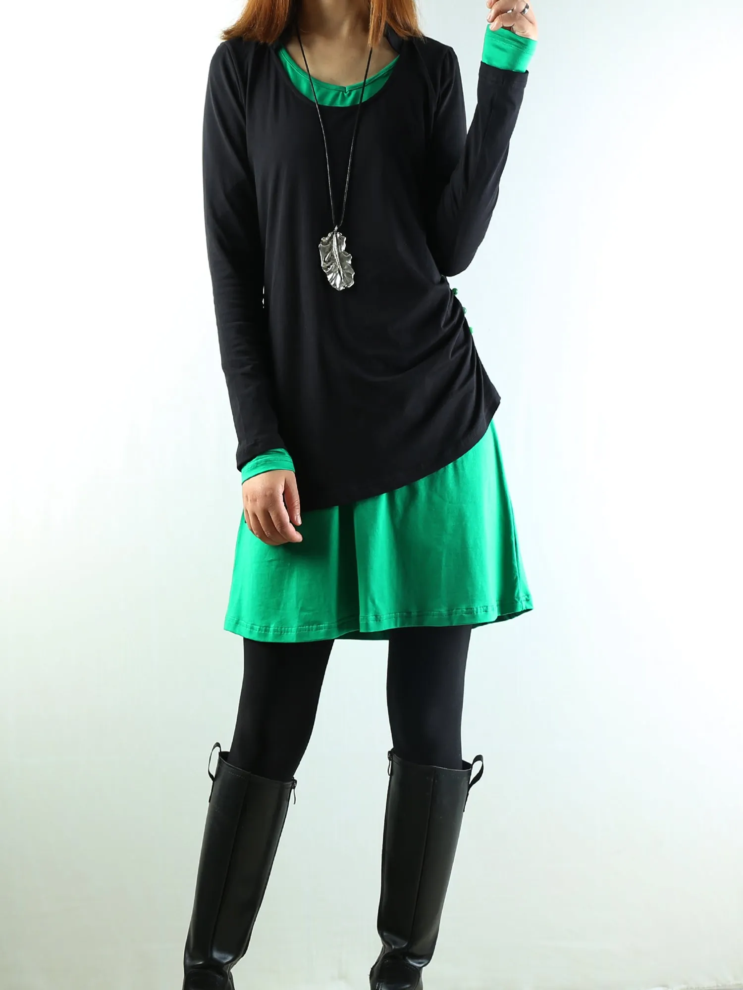 Women's Dress Set/V-neck cotton dress/Boho Cotton Layered Tunic Dress Set/long sleeve top(Q1702)