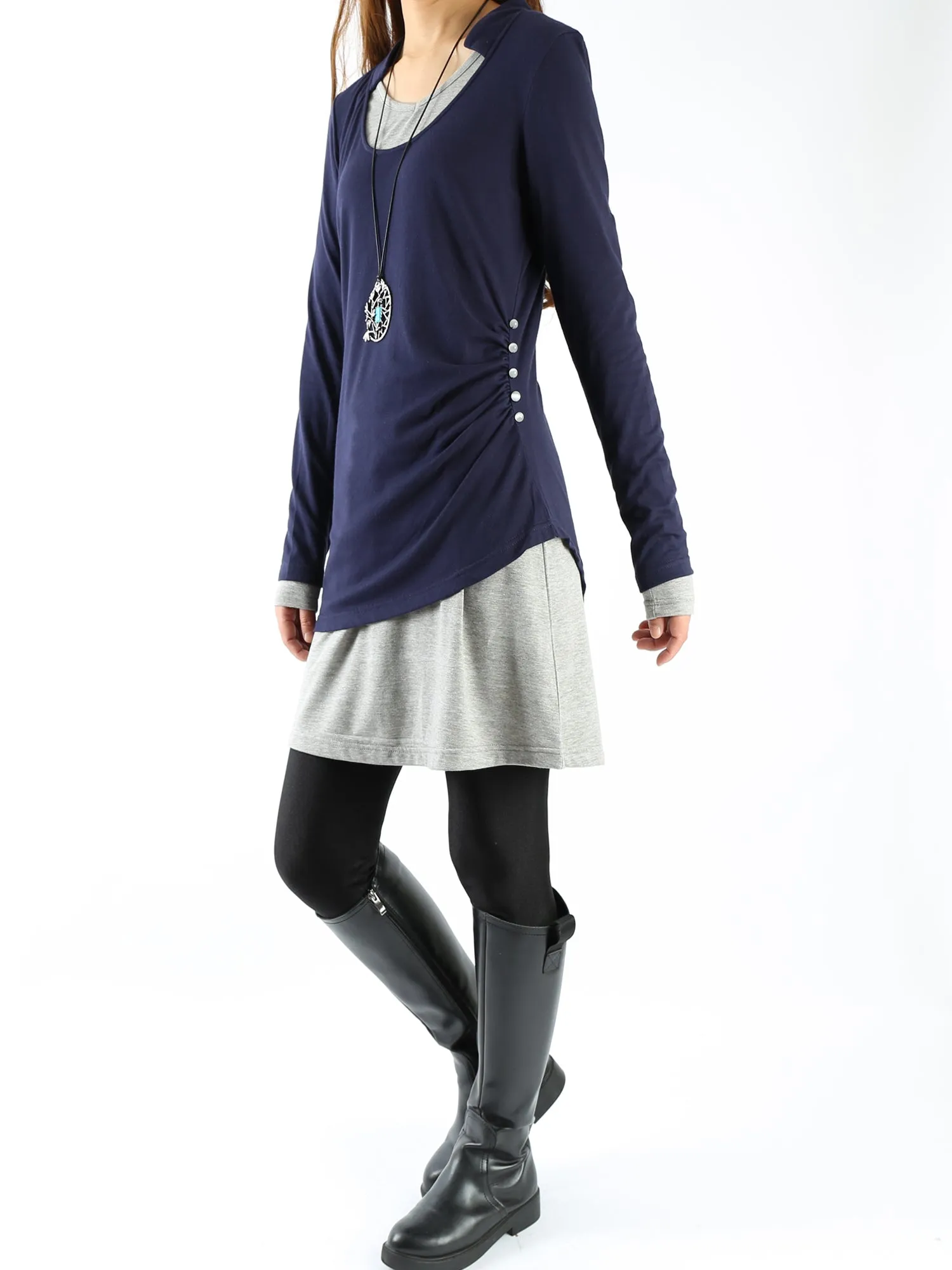 Women's Dress Set/V-neck cotton dress/Boho Cotton Layered Tunic Dress Set/long sleeve top(Q1702)