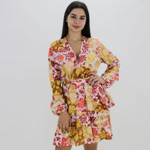 Womens Floral Color Block Ruffed Dress,Multi