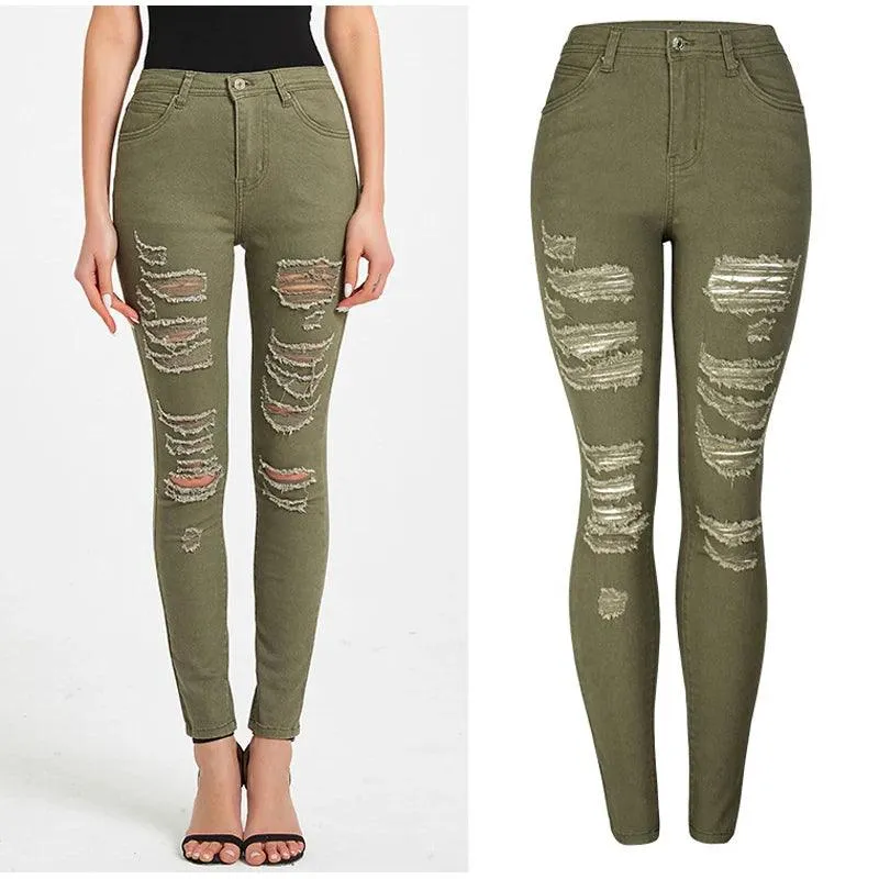 Women's High Waist Piercing Jeans Military