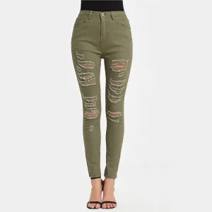 Women's High Waist Piercing Jeans Military
