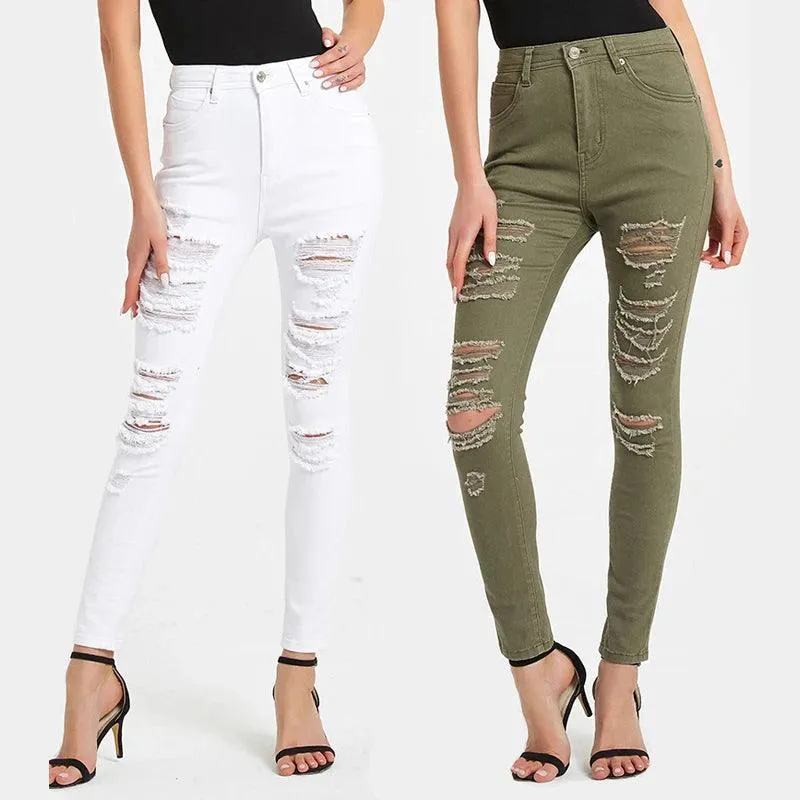 Women's High Waist Piercing Jeans Military