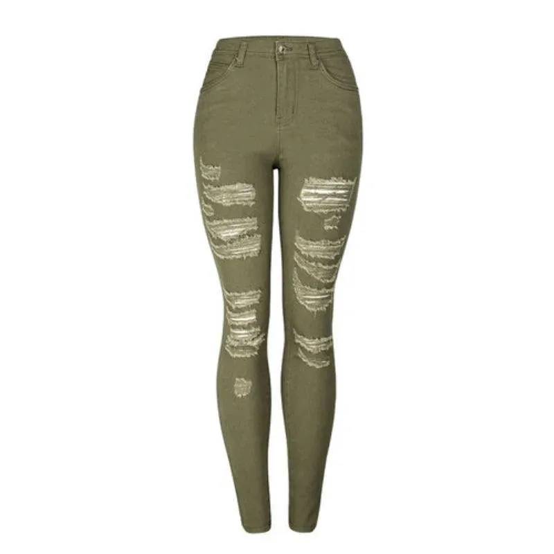 Women's High Waist Piercing Jeans Military