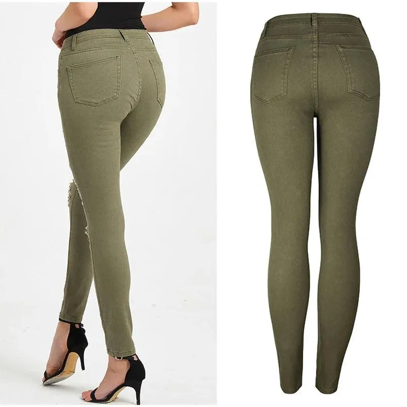 Women's High Waist Piercing Jeans Military
