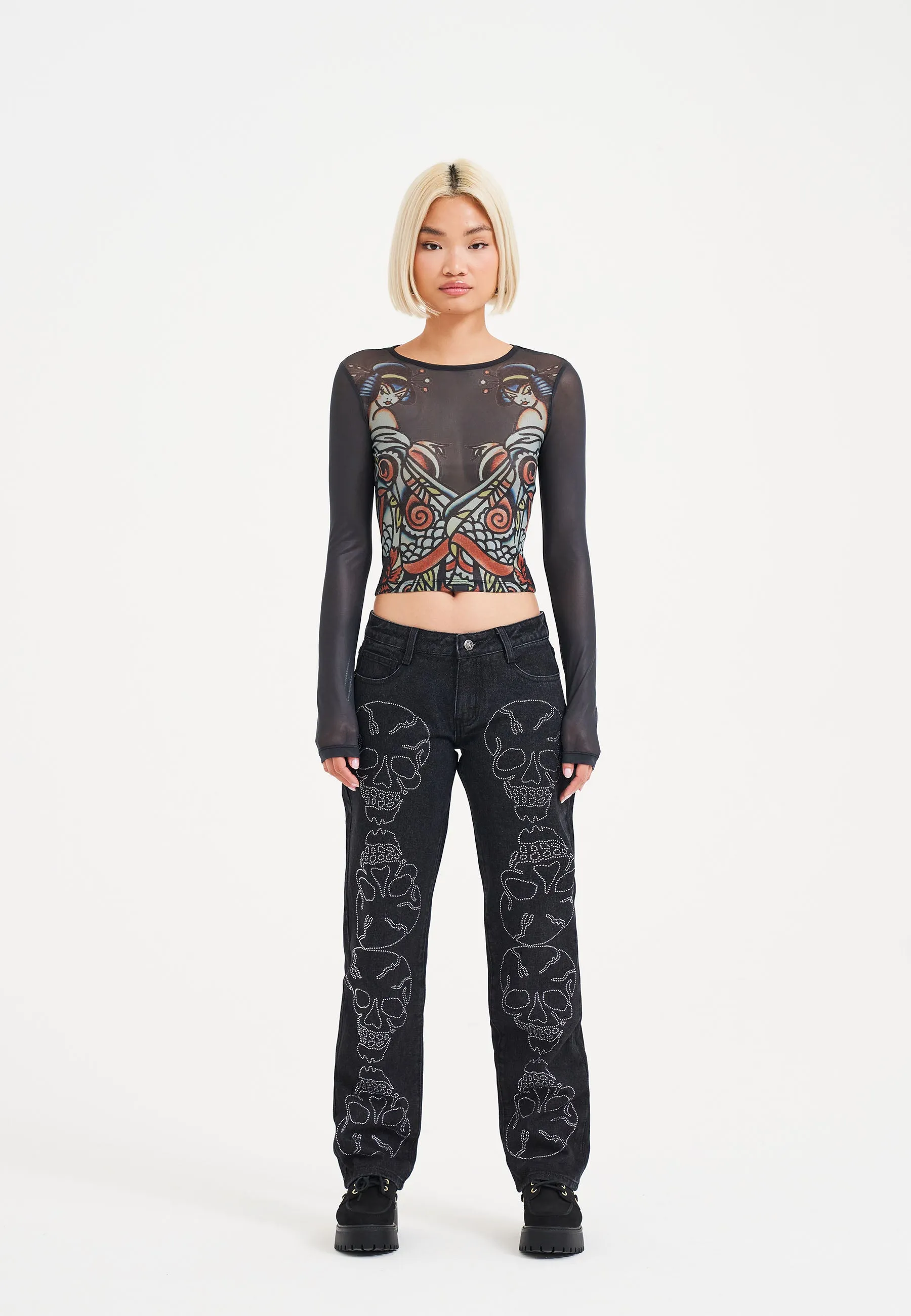 Womens Ice Geisha Mesh Long Sleeve Tshirt Top - Black