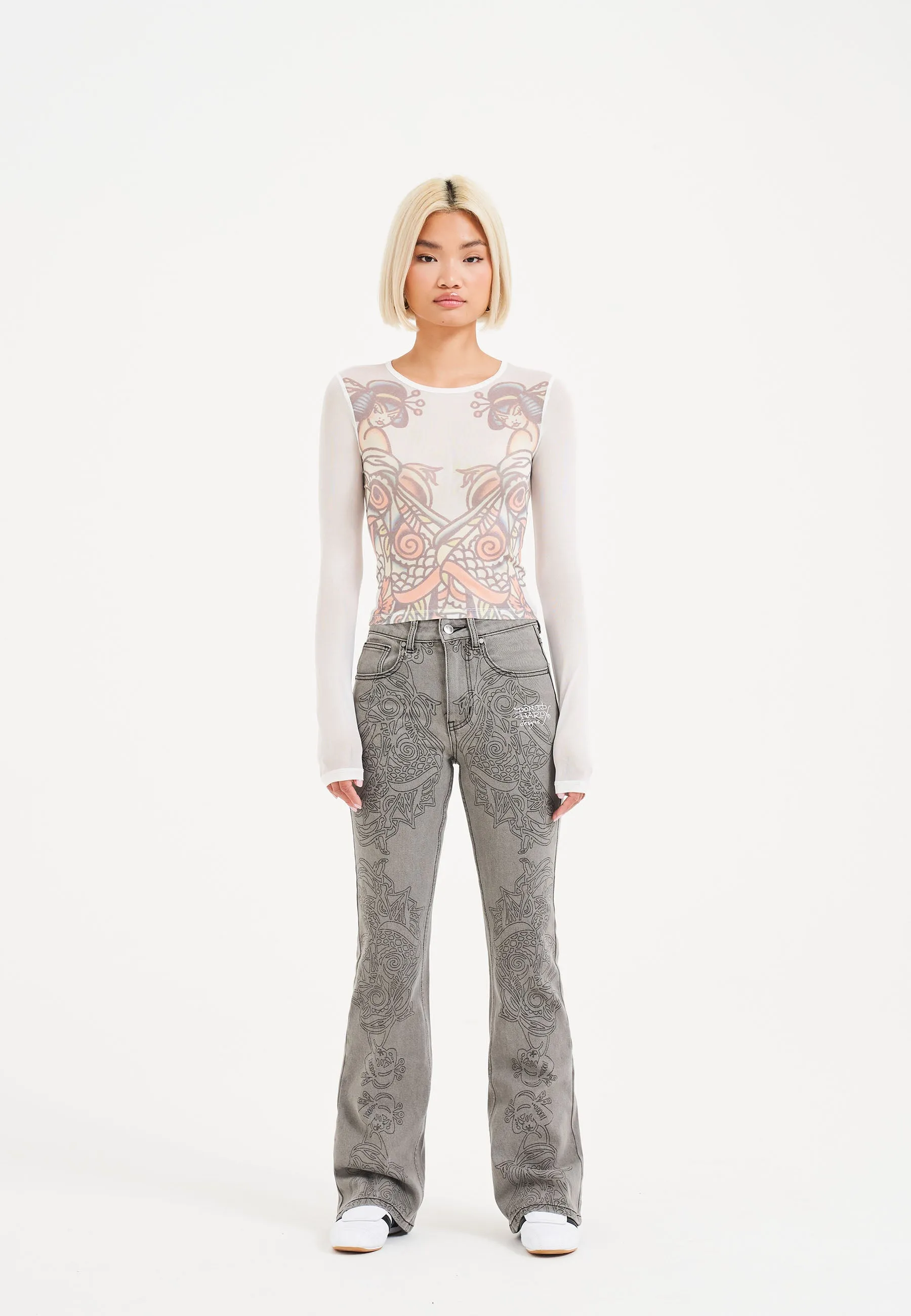 Womens Ice Geisha Mesh Long Sleeve Tshirt Top - White