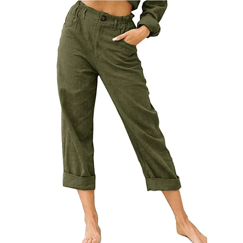 Women's Leisure Summer Solid Color Cotton Linen Fashion Loose High Waist Casual Trousers
