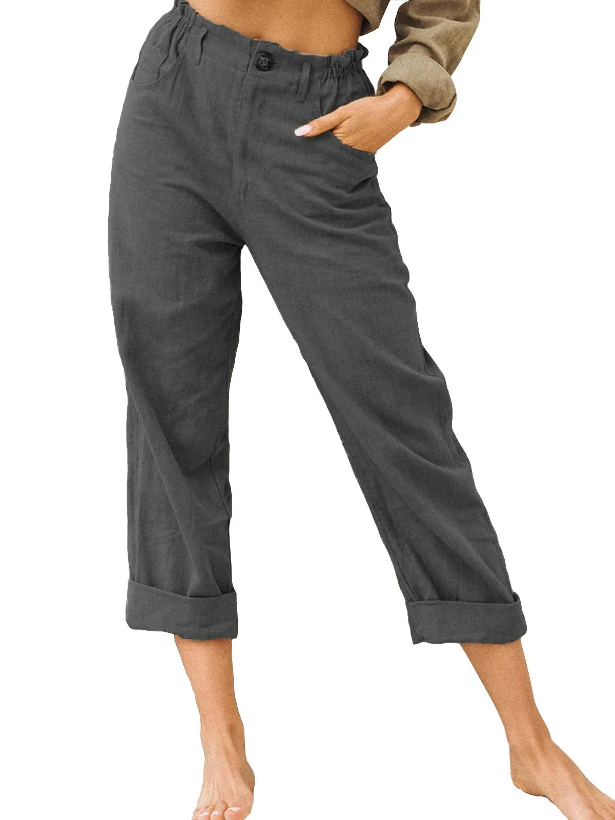 Women's Leisure Summer Solid Color Cotton Linen Fashion Loose High Waist Casual Trousers
