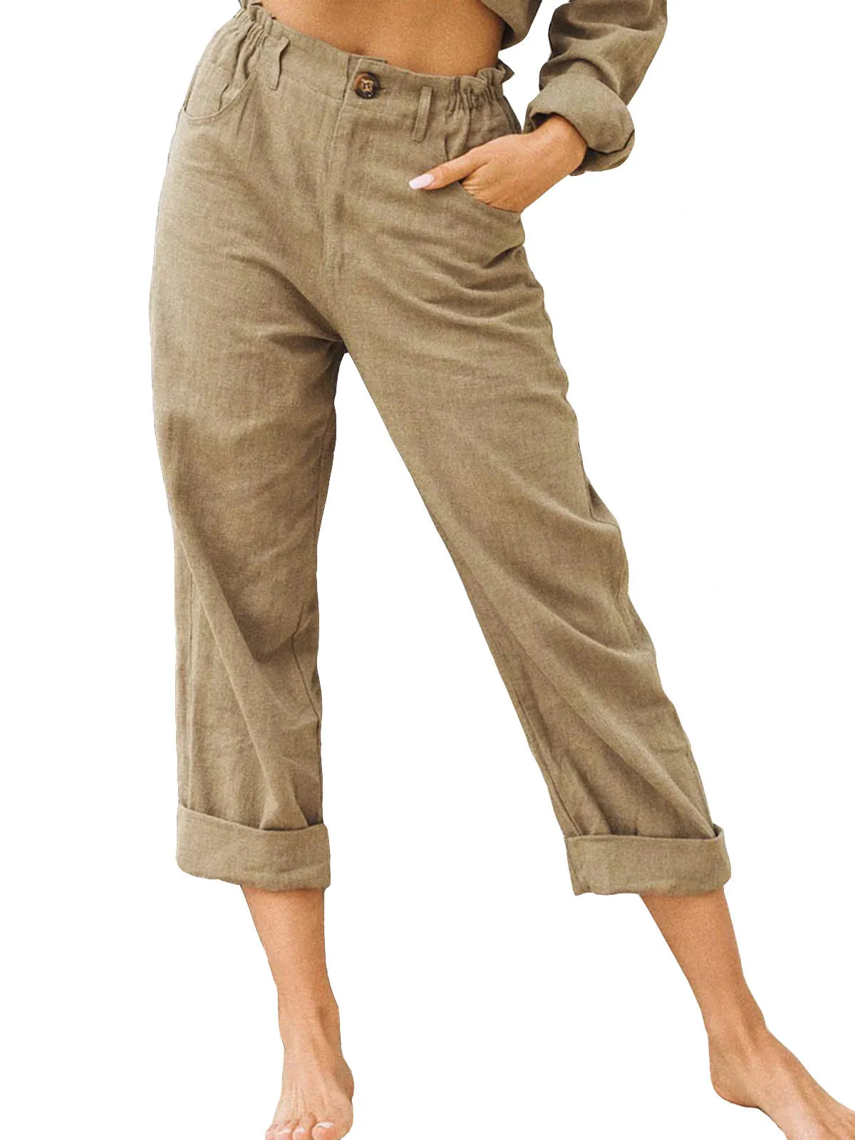 Women's Leisure Summer Solid Color Cotton Linen Fashion Loose High Waist Casual Trousers