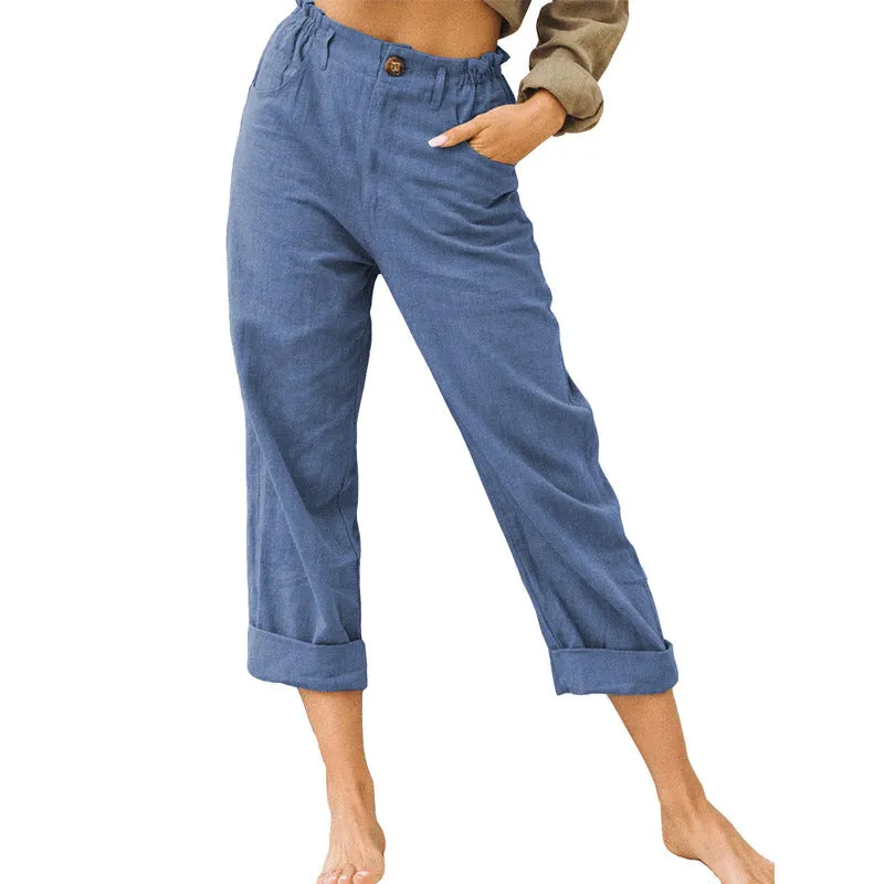 Women's Leisure Summer Solid Color Cotton Linen Fashion Loose High Waist Casual Trousers
