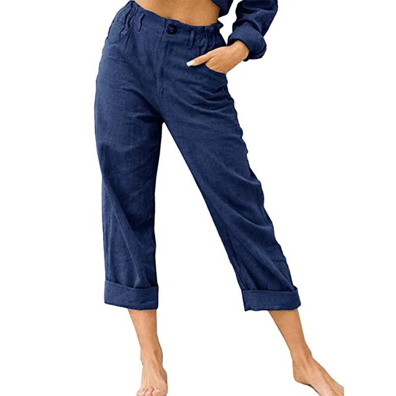 Women's Leisure Summer Solid Color Cotton Linen Fashion Loose High Waist Casual Trousers