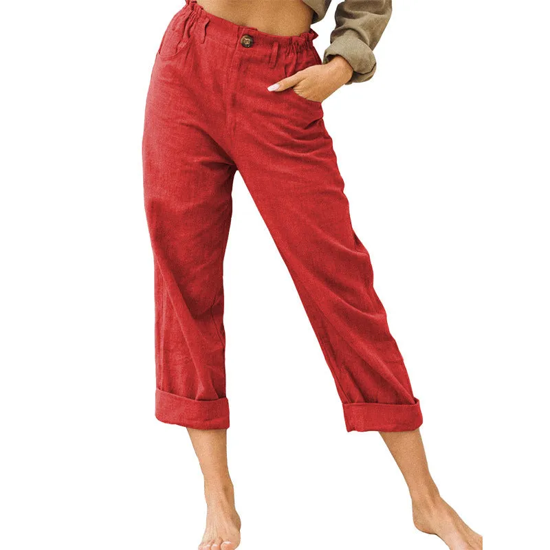 Women's Leisure Summer Solid Color Cotton Linen Fashion Loose High Waist Casual Trousers