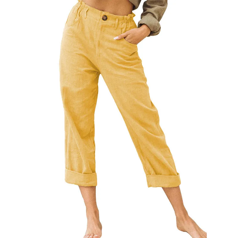 Women's Leisure Summer Solid Color Cotton Linen Fashion Loose High Waist Casual Trousers