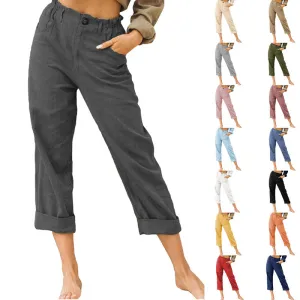 Women's Leisure Summer Solid Color Cotton Linen Fashion Loose High Waist Casual Trousers
