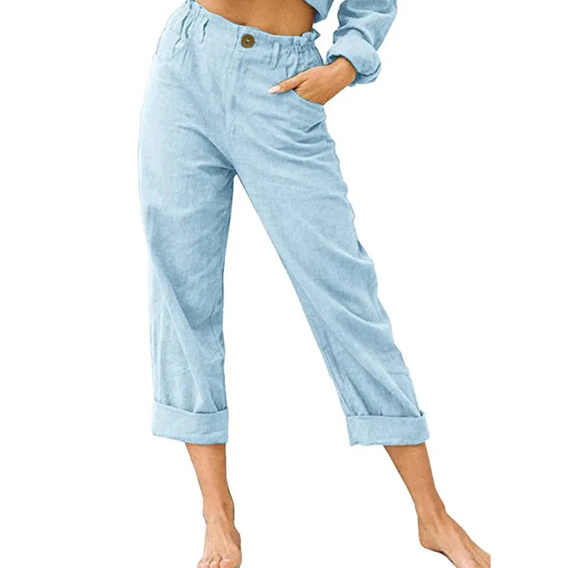 Women's Leisure Summer Solid Color Cotton Linen Fashion Loose High Waist Casual Trousers
