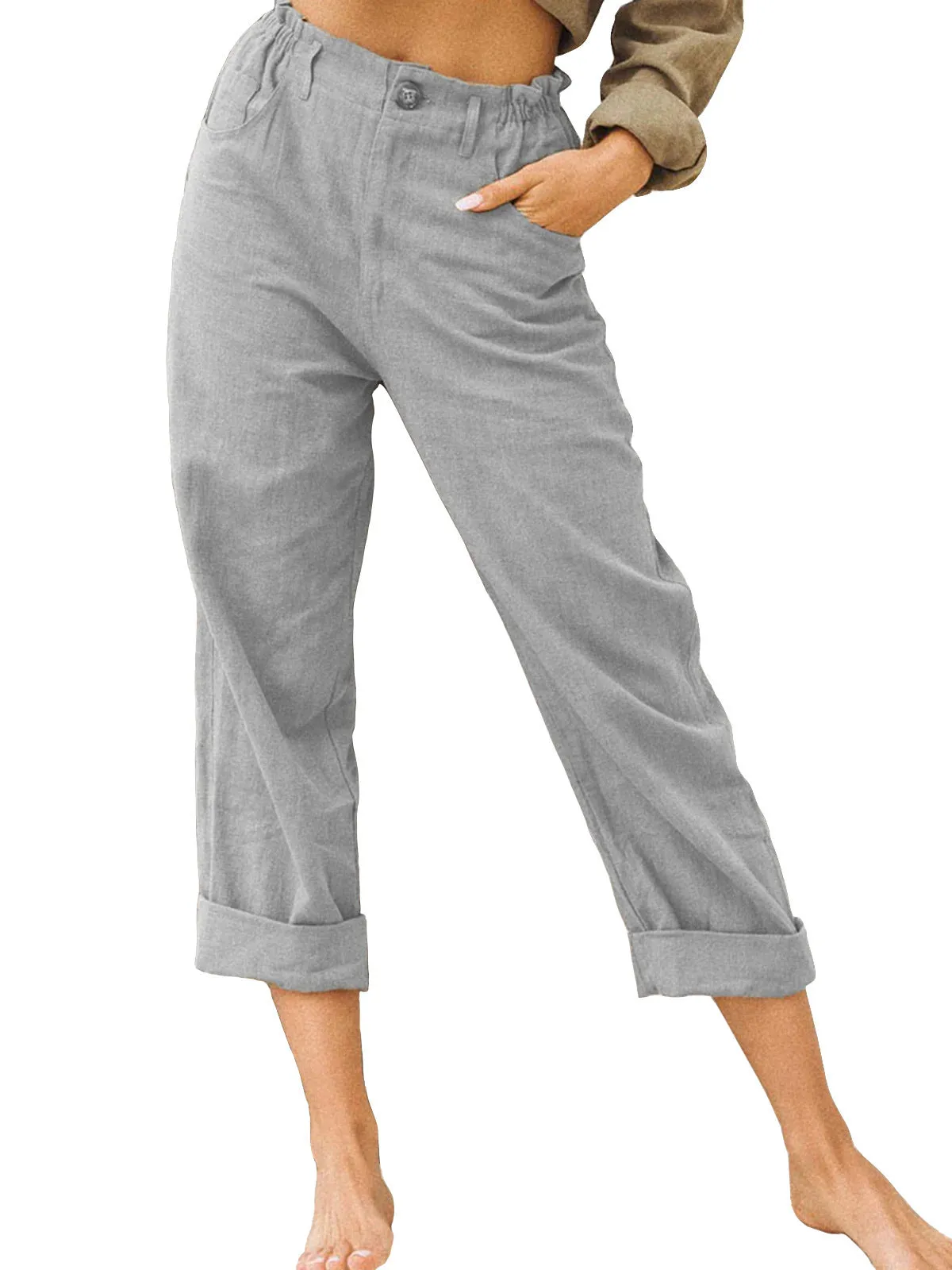 Women's Leisure Summer Solid Color Cotton Linen Fashion Loose High Waist Casual Trousers