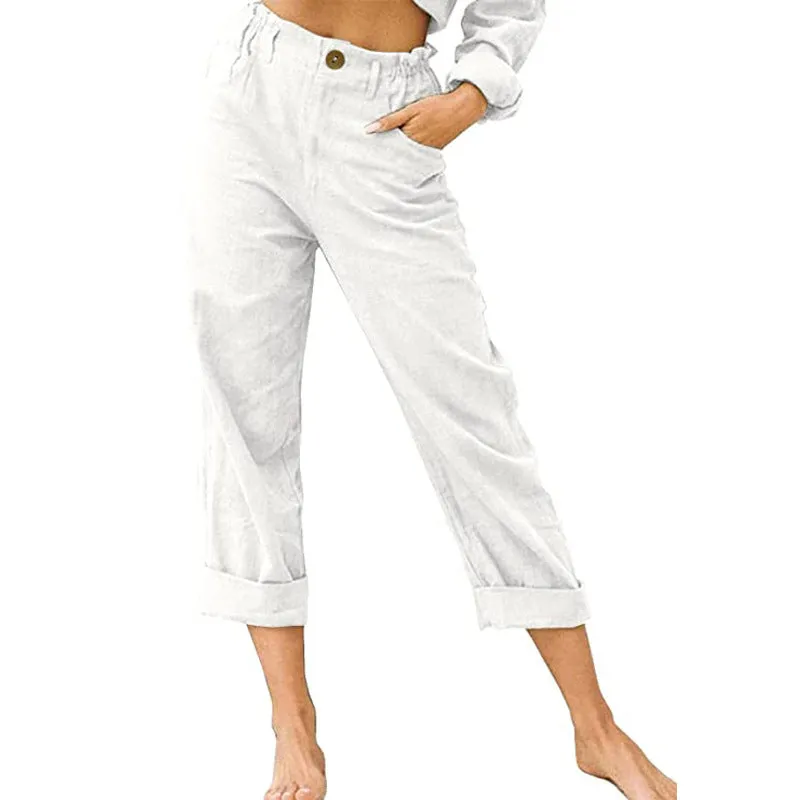 Women's Leisure Summer Solid Color Cotton Linen Fashion Loose High Waist Casual Trousers
