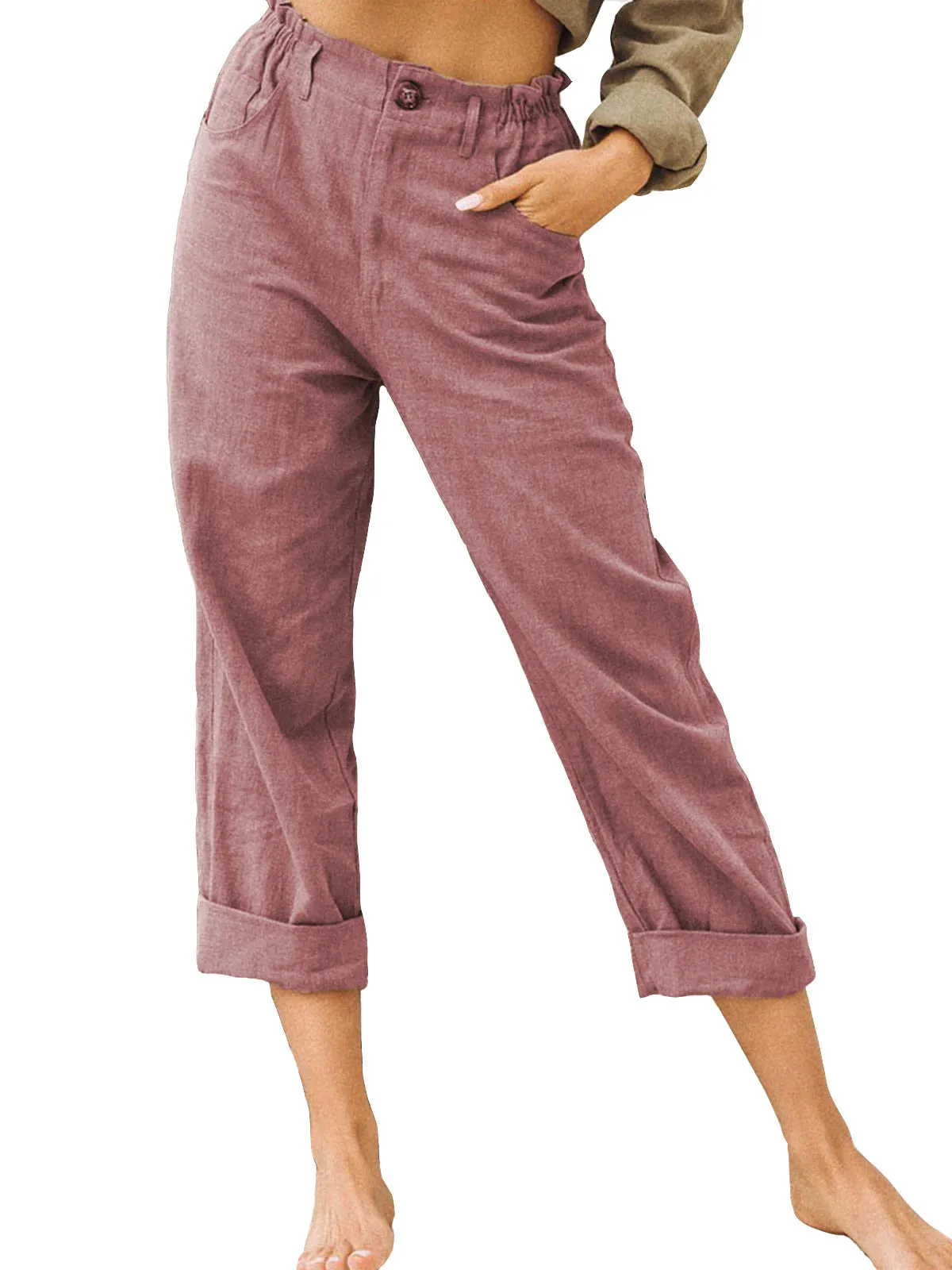 Women's Leisure Summer Solid Color Cotton Linen Fashion Loose High Waist Casual Trousers