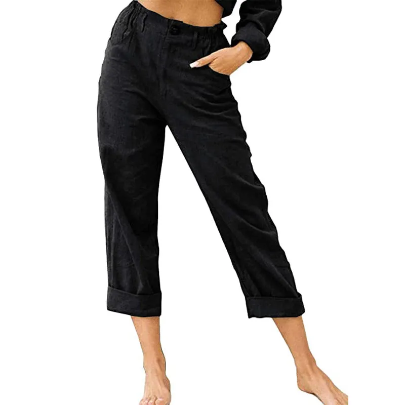Women's Leisure Summer Solid Color Cotton Linen Fashion Loose High Waist Casual Trousers