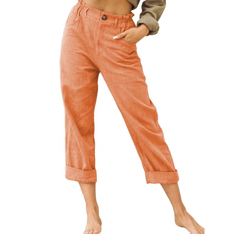 Women's Leisure Summer Solid Color Cotton Linen Fashion Loose High Waist Casual Trousers