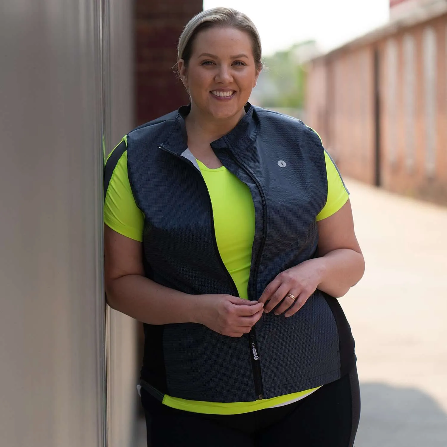 Women's Newport Packable Reflective Vest in Navy/Flo Lime