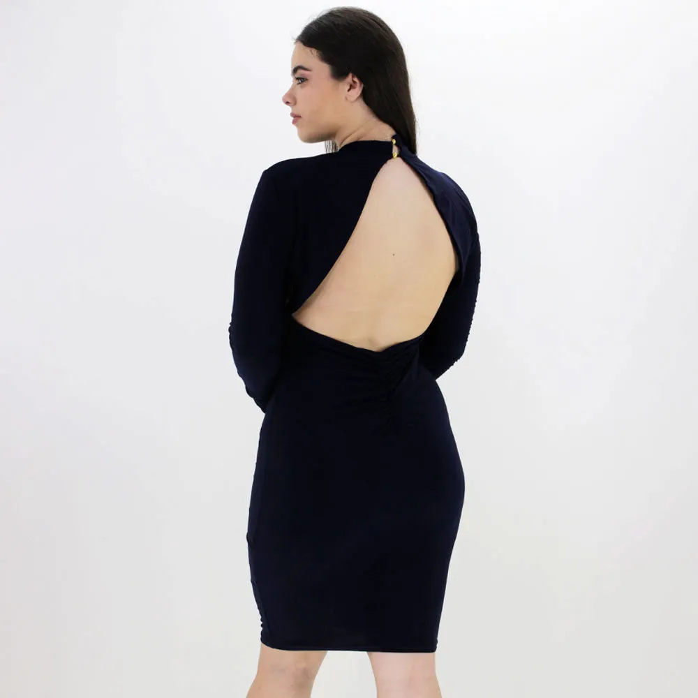 Women's Plain Open Back Dress,Navy