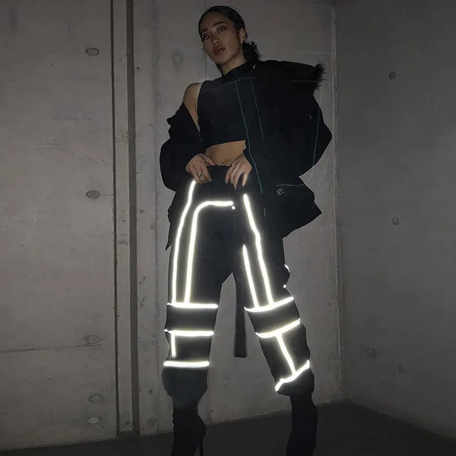 Women's Spring/Autumn Patchwork Cargo Pants With Reflective Stripes