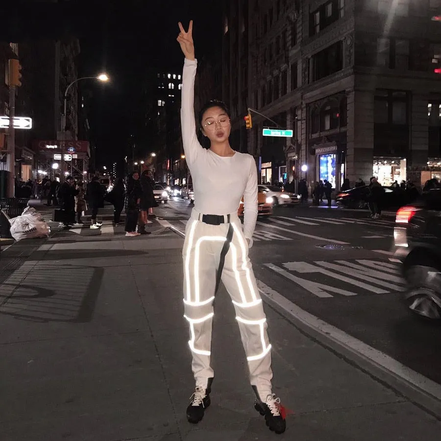 Women's Spring/Autumn Patchwork Cargo Pants With Reflective Stripes