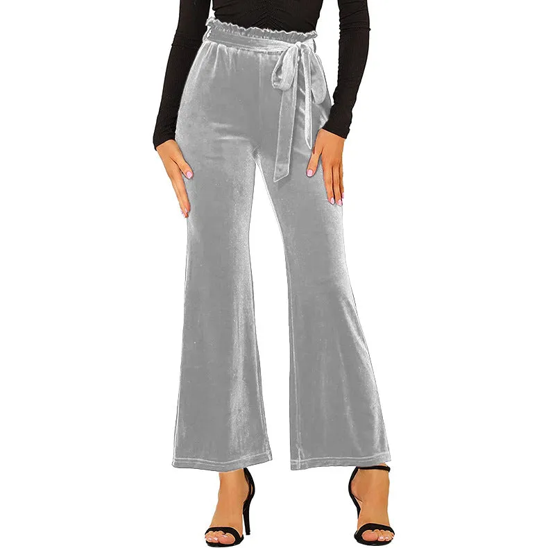Women's Wide Leg Pants High Waist Velvet Belted Trousers
