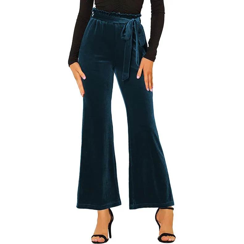 Women's Wide Leg Pants High Waist Velvet Belted Trousers