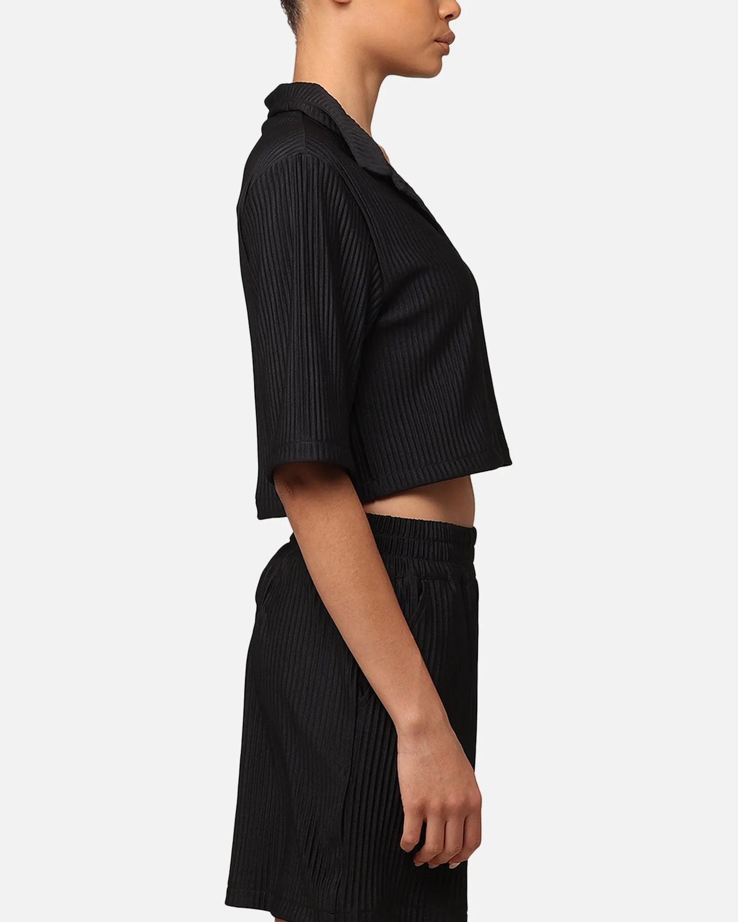 XXIII Women's Cropped Pleated Button Up Shirt Black