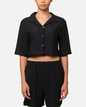 XXIII Women's Cropped Pleated Button Up Shirt Black