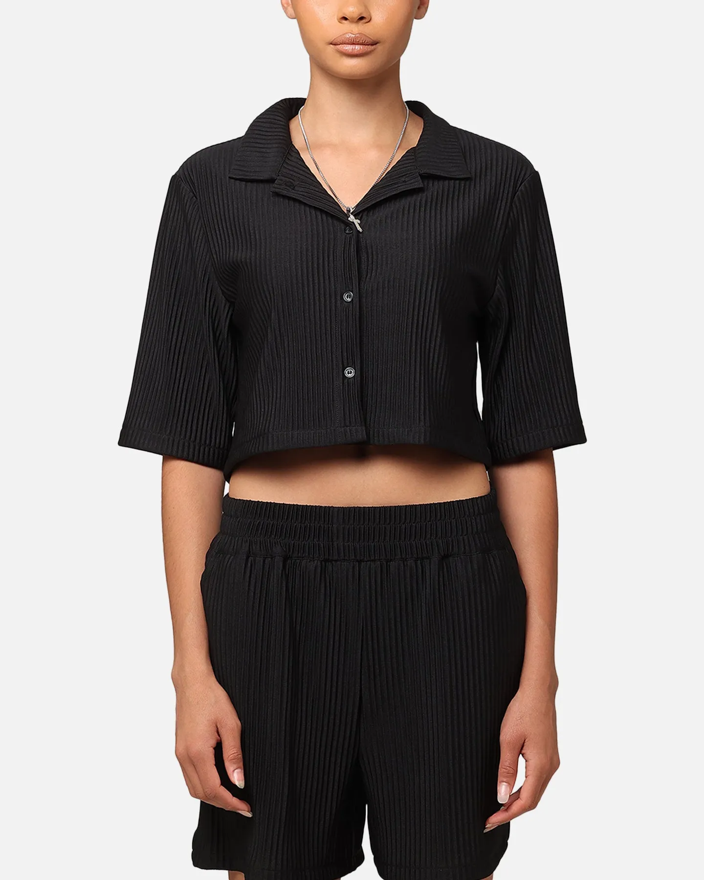 XXIII Women's Cropped Pleated Button Up Shirt Black