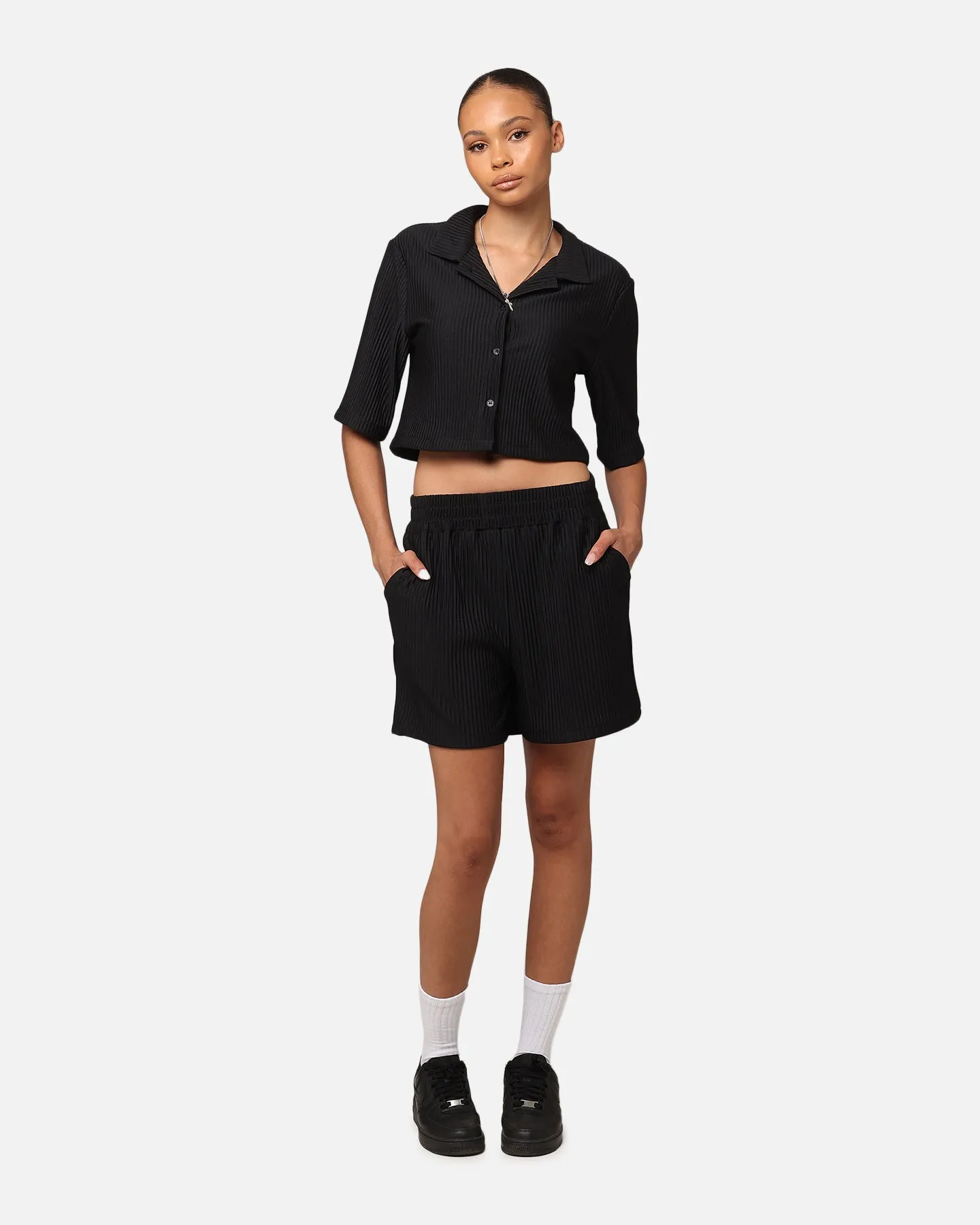 XXIII Women's Cropped Pleated Button Up Shirt Black
