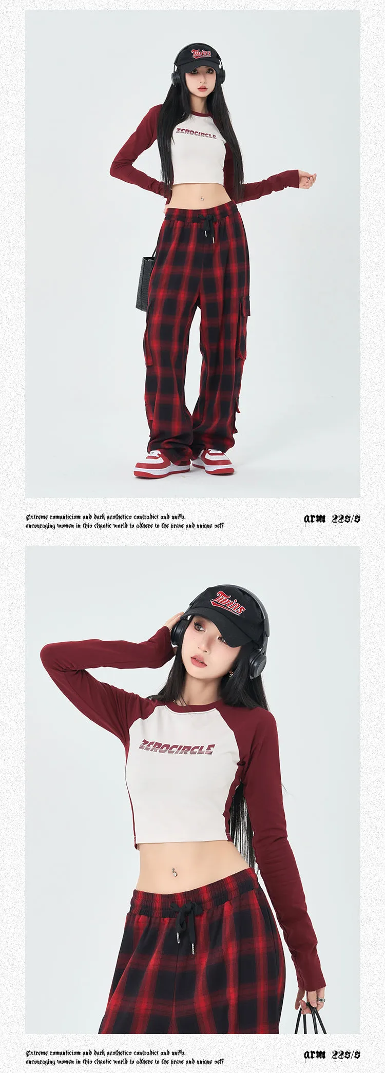 ZEROCIRCLE Patchwork Long Sleeve Casual Cropped Top